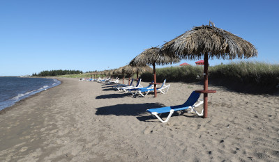 Beach chairs on the beach by the chalets